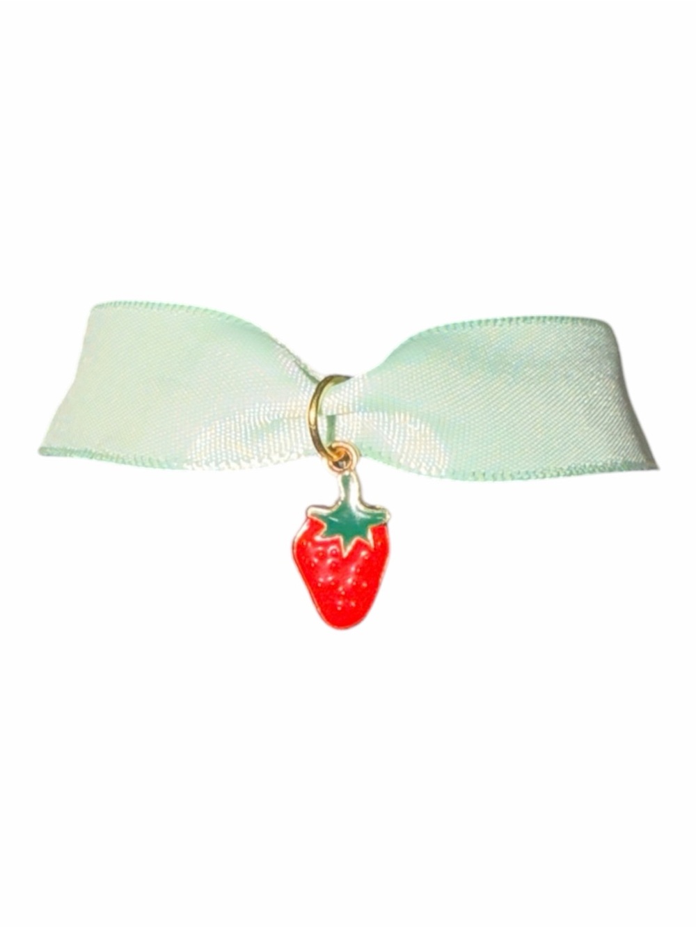 Gold Strawberry Charm Necklace with Mint Ribbon